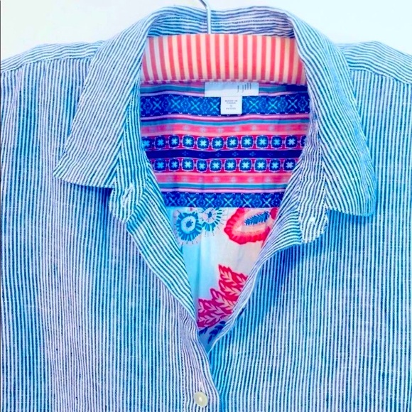 J. Jill Linen Blue & White Stripe Button Down Shirt W/ Sheer Floral Print Back - Picture 4 of 16